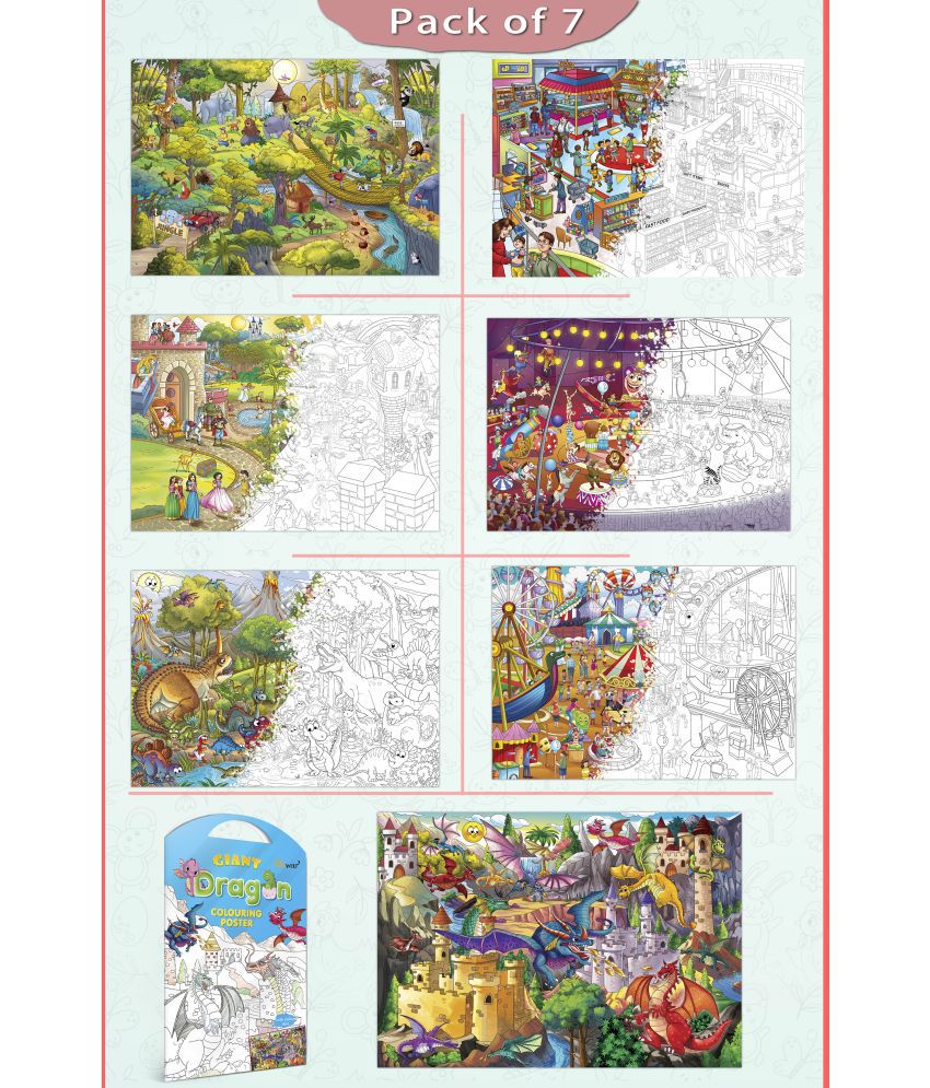     			GIANT JUNGLE SAFARI COLOURING , GIANT AT THE MALL COLOURING , GIANT PRINCESS CASTLE COLOURING , GIANT CIRCUS COLOURING , GIANT DINOSAUR COLOURING , GIANT AMUSEMENT PARK COLOURING  and GIANT DRAGON COLOURING  | Pack of 7