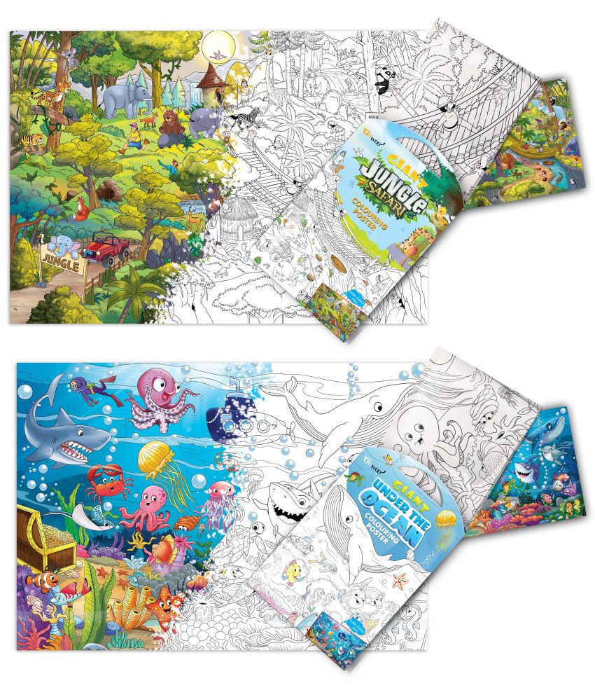     			GIANT JUNGLE SAFARI COLOURING POSTER and GIANT UNDER THE OCEAN COLOURING POSTER | Set of 2 Posters I Best Engaging Products For Kids