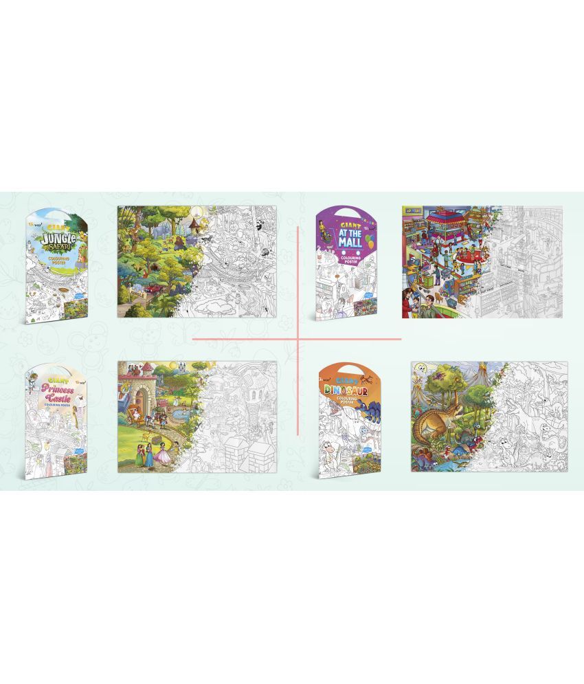     			GIANT JUNGLE SAFARI COLOURING POSTER, GIANT AT THE MALL COLOURING POSTER, GIANT PRINCESS CASTLE COLOURING POSTER and GIANT DINOSAUR COLOURING POSTER | Pack of 4 Posters I Enchanted Coloring Combo