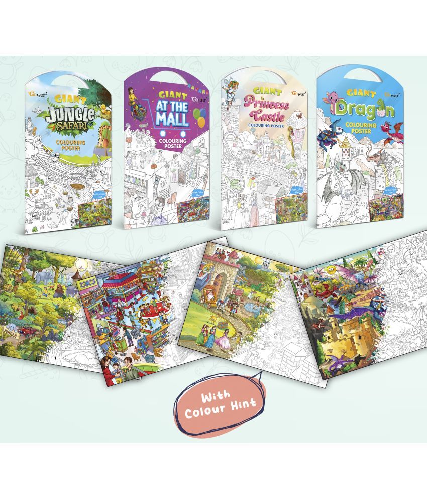     			GIANT JUNGLE SAFARI COLOURING POSTER, GIANT AT THE MALL COLOURING POSTER, GIANT PRINCESS CASTLE COLOURING POSTER and GIANT DRAGON COLOURING POSTER | Gift Pack of 4 Posters I Coloring Posters Multipack