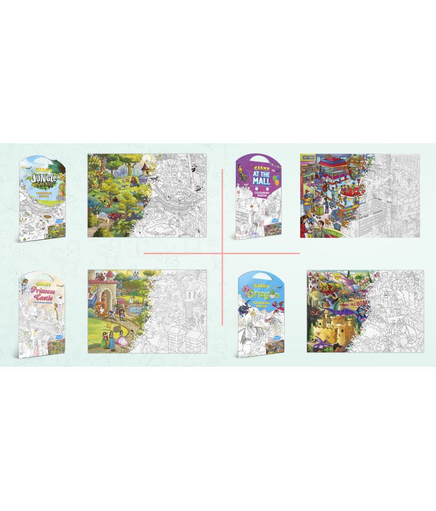     			GIANT JUNGLE SAFARI COLOURING POSTER, GIANT AT THE MALL COLOURING POSTER, GIANT PRINCESS CASTLE COLOURING POSTER and GIANT DRAGON COLOURING POSTER | Pack of 4 Posters I Enchanted Coloring Combo
