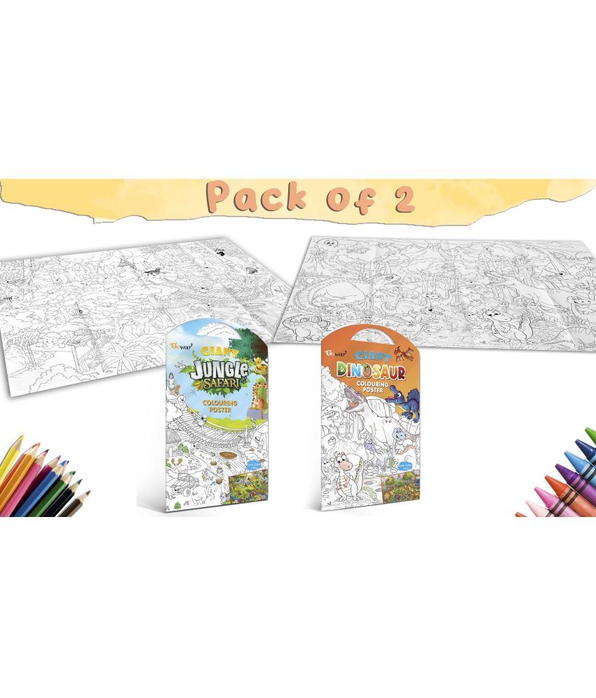     			GIANT JUNGLE SAFARI COLOURING POSTER and GIANT DINOSAUR COLOURING POSTER | Gift Pack of 2 Posters I best gift pack for 8+ children