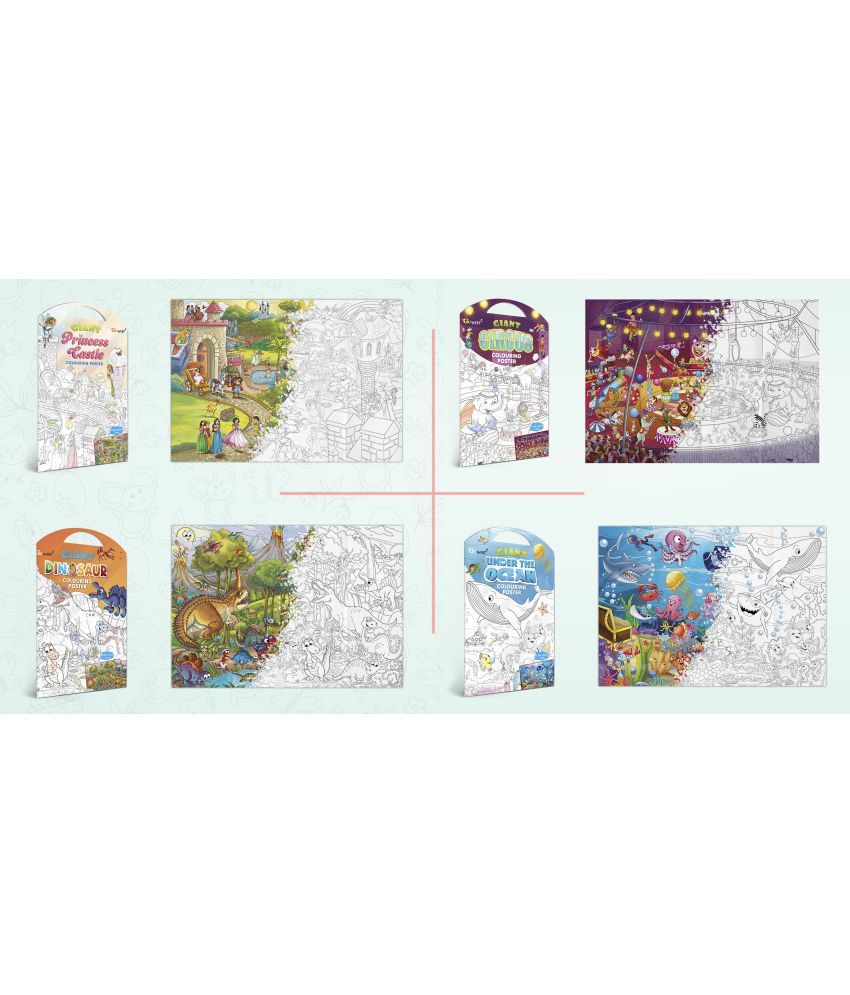     			GIANT PRINCESS CASTLE COLOURING POSTER, GIANT CIRCUS COLOURING POSTER, GIANT DINOSAUR COLOURING POSTER and GIANT UNDER THE OCEAN COLOURING POSTER | Gift Pack of 4 Posters I Exotic Escape Coloring Combo Set
