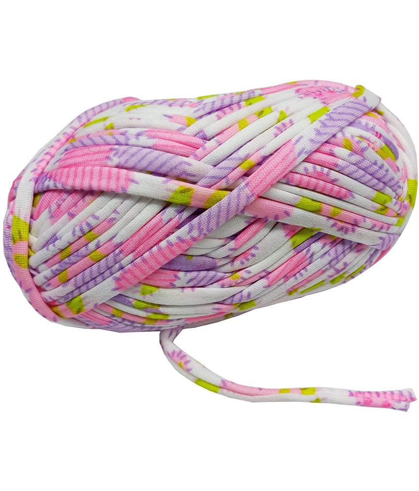     			PRANSUNITA T-Shirt Yarn Carpet, Knitting Yarn for Hand DIY Bag Blanket Cushion Crocheting Projects TSH New 100 GMS (Rani White Purple)