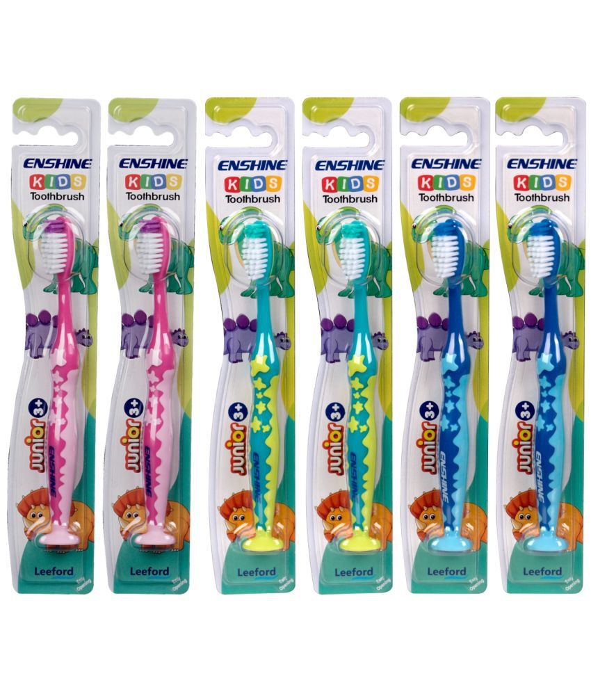 Enshine Kids Toothbrush for Junior [3+years] with Easy Grip | Assorted Colors (6 Toothbrushes)