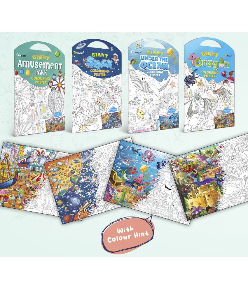     			GIANT AMUSEMENT PARK COLOURING POSTER, GIANT SPACE COLOURING POSTER, GIANT UNDER THE OCEAN COLOURING POSTER and GIANT DRAGON COLOURING POSTER | Combo pack of 4 Posters I giant colouring poster for 8+