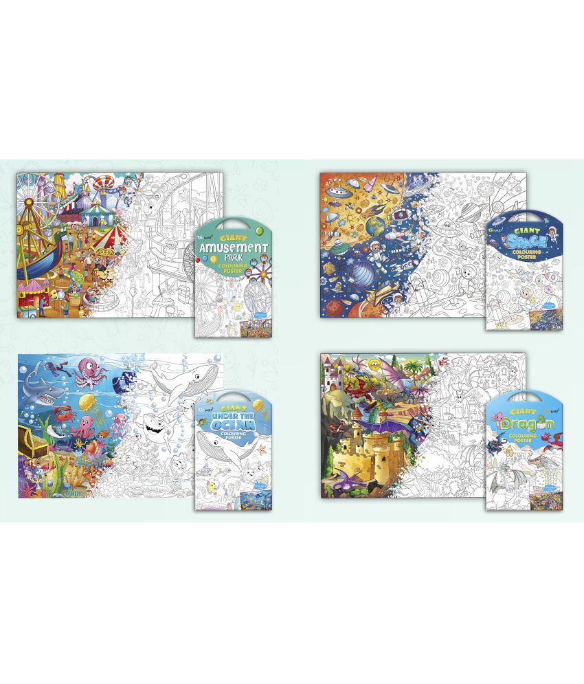     			GIANT AMUSEMENT PARK COLOURING POSTER, GIANT SPACE COLOURING POSTER, GIANT UNDER THE OCEAN COLOURING POSTER and GIANT DRAGON COLOURING POSTER | Pack of 4 Posters I Popular adults coloring posters