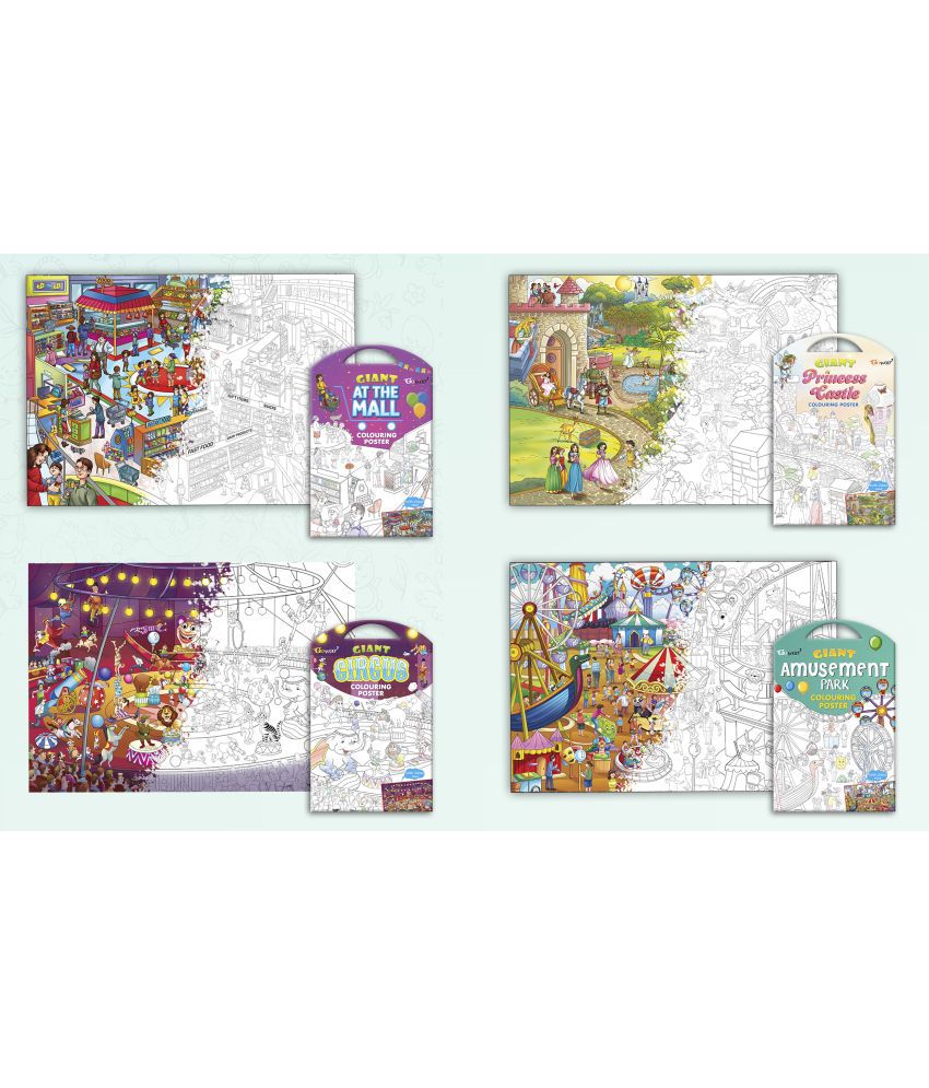     			GIANT AT THE MALL COLOURING POSTER, GIANT PRINCESS CASTLE COLOURING POSTER, GIANT CIRCUS COLOURING POSTER and GIANT AMUSEMENT PARK COLOURING POSTER | Combo pack of 4 Posters I Creative fun posters