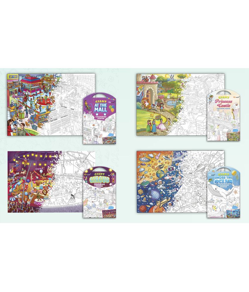     			GIANT AT THE MALL COLOURING POSTER, GIANT PRINCESS CASTLE COLOURING POSTER, GIANT CIRCUS COLOURING POSTER and GIANT UNDER THE OCEAN COLOURING POSTER | Combo of 4 Posters I jumbo colouring poster for 9+