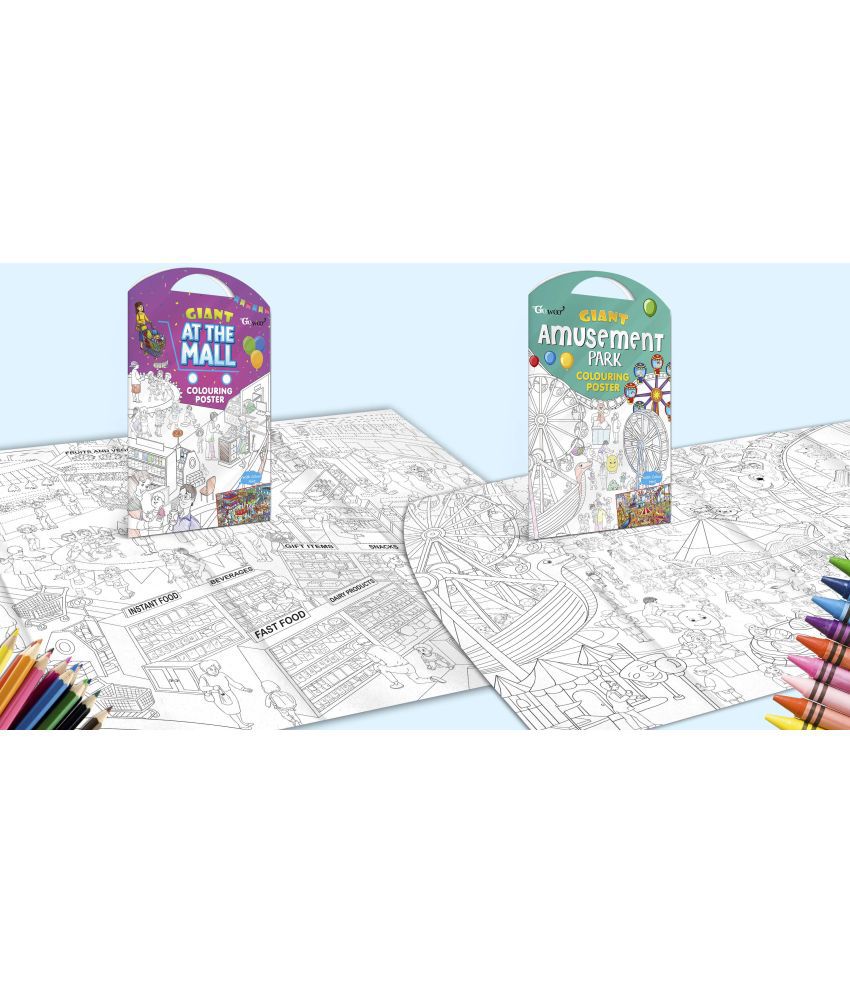    			GIANT AT THE MALL COLOURING POSTER and GIANT AMUSEMENT PARK COLOURING POSTER | Pack of 2 Posters I best for school activity