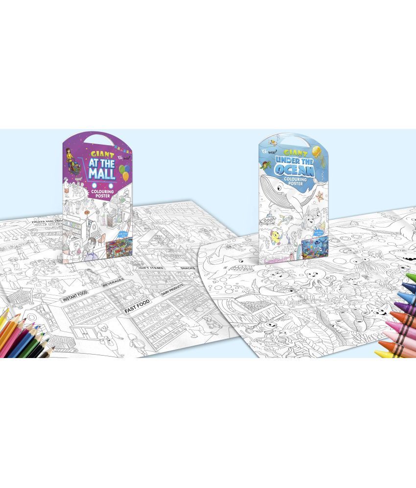     			GIANT AT THE MALL COLOURING POSTER and GIANT UNDER THE OCEAN COLOURING POSTER | Pack of 2 Posters I perfect colouring poster set for siblings