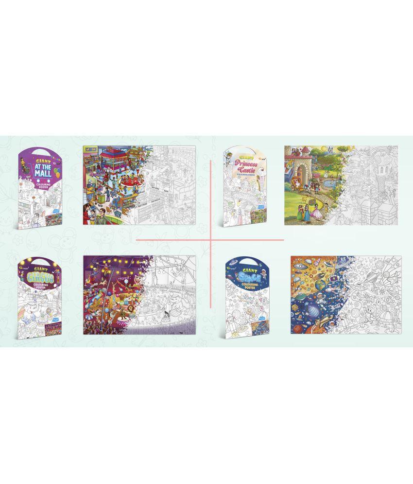     			GIANT AT THE MALL COLOURING POSTER, GIANT PRINCESS CASTLE COLOURING POSTER, GIANT CIRCUS COLOURING POSTER and GIANT SPACE COLOURING POSTER | Combo of 4 Posters I Intricate coloring posters for adults