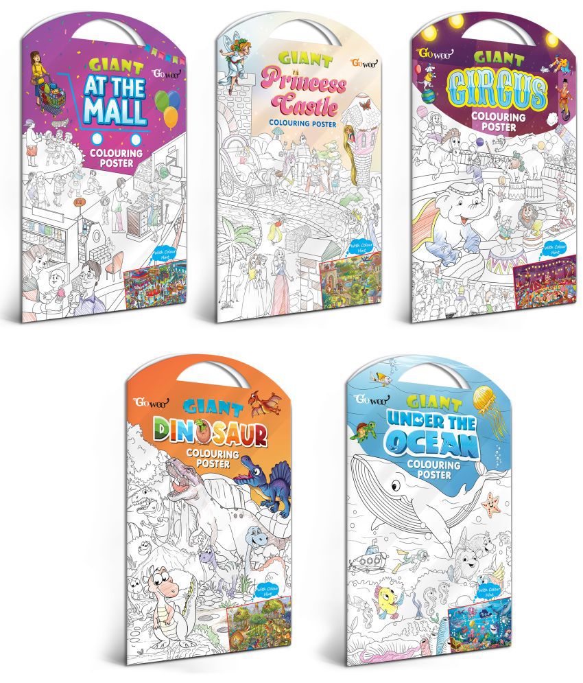     			GIANT AT THE MALL COLOURING POSTER, GIANT PRINCESS CASTLE COLOURING POSTER, GIANT CIRCUS COLOURING POSTER, GIANT DINOSAUR COLOURING POSTER and GIANT UNDER THE OCEAN COLOURING POSTER | Set of 2 Posters I big colouring poster for 10+