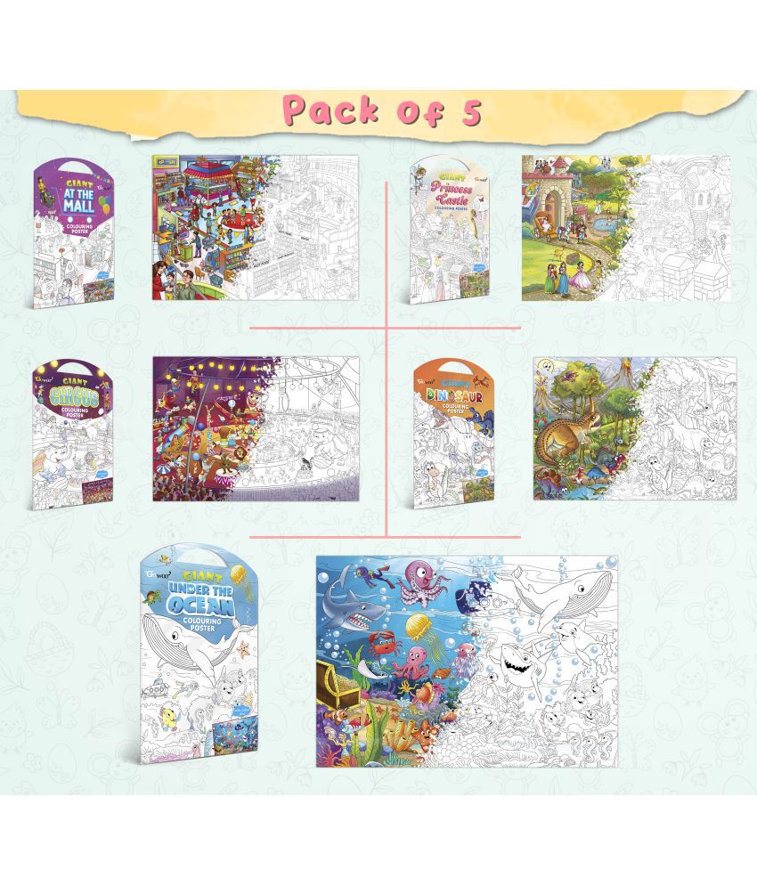    			GIANT AT THE MALL COLOURING POSTER, GIANT PRINCESS CASTLE COLOURING POSTER, GIANT CIRCUS COLOURING POSTER, GIANT DINOSAUR COLOURING POSTER and GIANT UNDER THE OCEAN COLOURING POSTER | Combo of 5 Posters I Coloring poster sets for children
