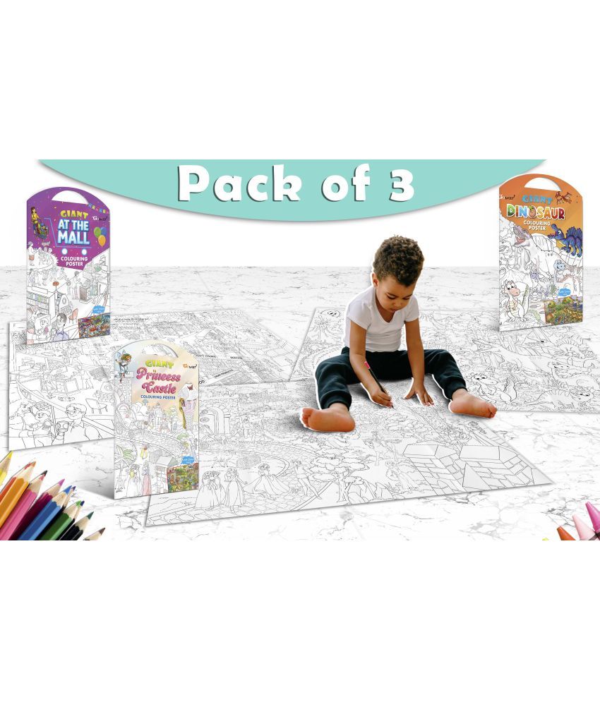     			GIANT AT THE MALL COLOURING POSTER, GIANT PRINCESS CASTLE COLOURING POSTER and GIANT DINOSAUR COLOURING POSTER | Set of 3 posters I Perfect match for creative kids