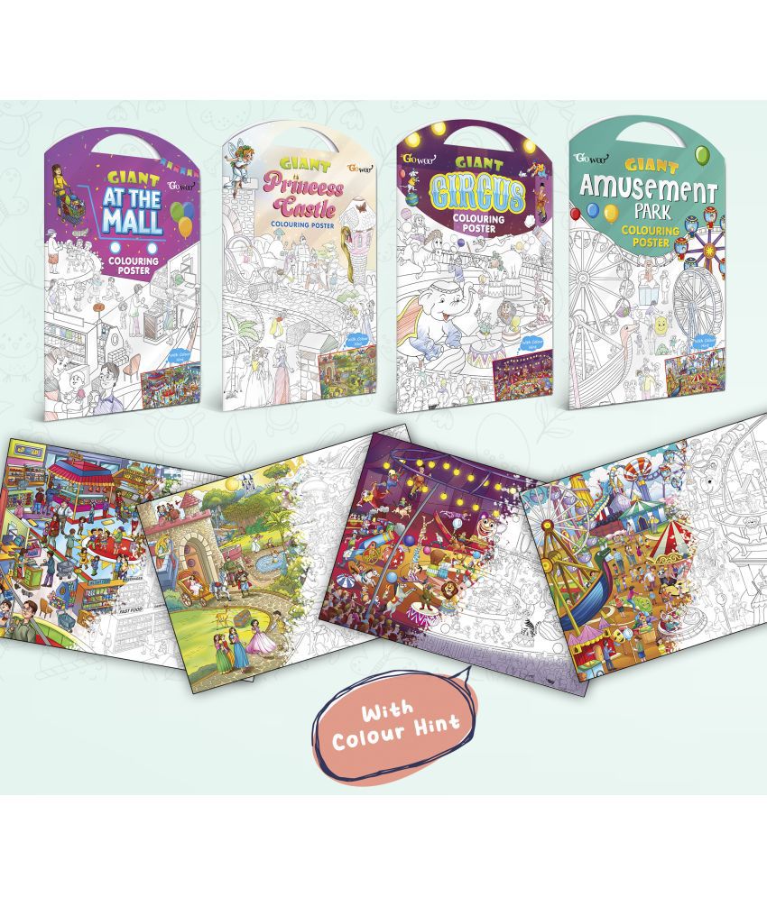     			GIANT AT THE MALL COLOURING POSTER, GIANT PRINCESS CASTLE COLOURING POSTER, GIANT CIRCUS COLOURING POSTER and GIANT AMUSEMENT PARK COLOURING POSTER | Set of 4 Posters I Giant Coloring Poster for Adults