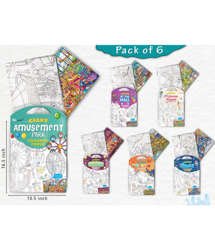     			GIANT AT THE MALL COLOURING , GIANT PRINCESS CASTLE COLOURING , GIANT CIRCUS COLOURING , GIANT DINOSAUR COLOURING , GIANT AMUSEMENT PARK COLOURING  and GIANT SPACE COLOURING  | Gift Pack of 6 s I kids coloring  kit