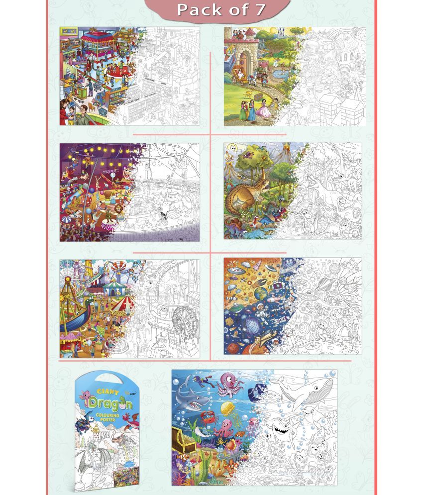     			GIANT AT THE MALL COLOURING , GIANT PRINCESS CASTLE COLOURING , GIANT CIRCUS COLOURING , GIANT DINOSAUR COLOURING , GIANT AMUSEMENT PARK COLOURING , GIANT SPACE COLOURING  and GIANT DRAGON COLOURING  | Set of 7 s I Peaceful Coloring Combo