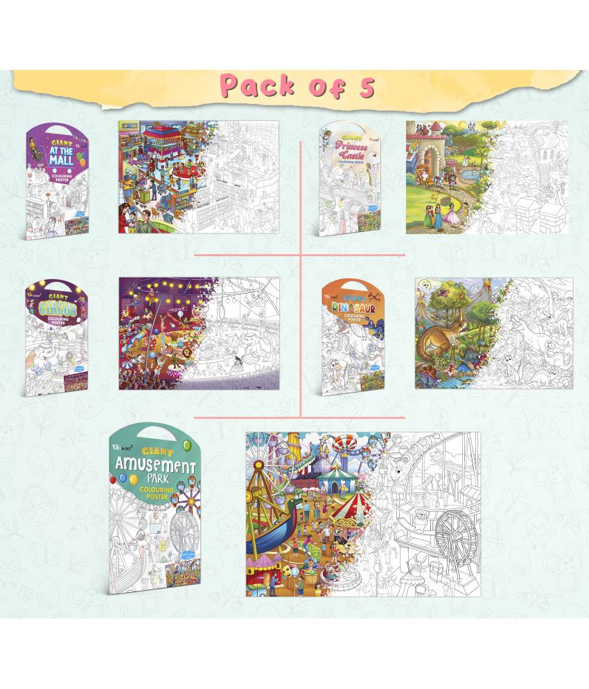     			GIANT AT THE MALL COLOURING POSTER, GIANT PRINCESS CASTLE COLOURING POSTER, GIANT CIRCUS COLOURING POSTER, GIANT DINOSAUR COLOURING POSTER and GIANT AMUSEMENT PARK COLOURING POSTER | Combo pack of 5 Posters I giant colouring poster for 8+