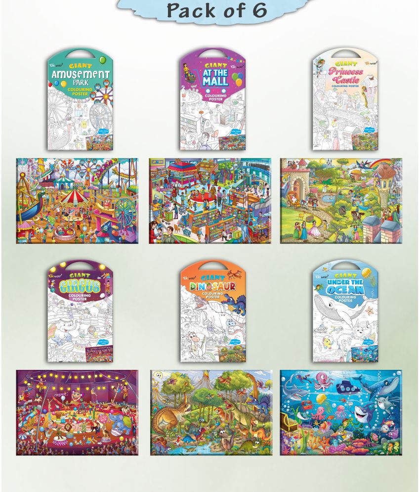     			GIANT AT THE MALL COLOURING , GIANT PRINCESS CASTLE COLOURING , GIANT CIRCUS COLOURING , GIANT DINOSAUR COLOURING , GIANT AMUSEMENT PARK COLOURING  and GIANT UNDER THE OCEAN COLOURING  | Set of 6 s I big colouring  for 10+