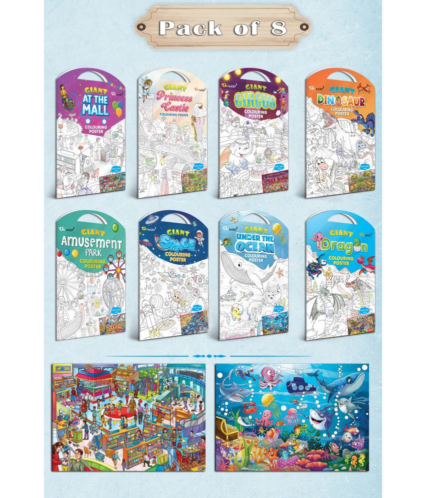     			GIANT AT THE MALL, GIANT PRINCESS CASTLE, GIANT CIRCUS, GIANT DINOSAUR, GIANT AMUSEMENT PARK, GIANT SPACE, GIANT UNDER THE OCEAN   and GIANT DRAGON   | Gift Pack of 8 s I kids coloring  kit