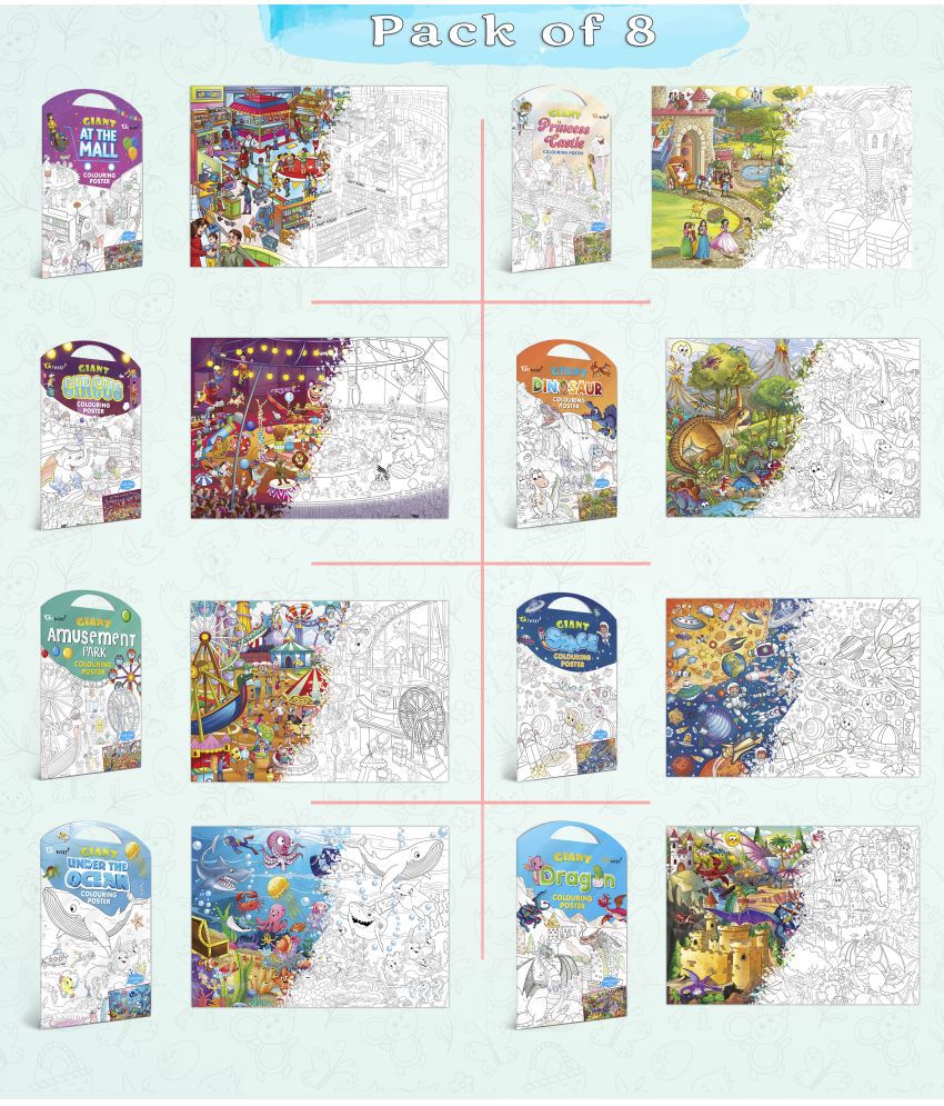     			GIANT AT THE MALL, GIANT PRINCESS CASTLE, GIANT CIRCUS, GIANT DINOSAUR, GIANT AMUSEMENT PARK, GIANT SPACE, GIANT UNDER THE OCEAN   and GIANT DRAGON   | Gift Pack of 8 s I Giant Coloring s Multipack