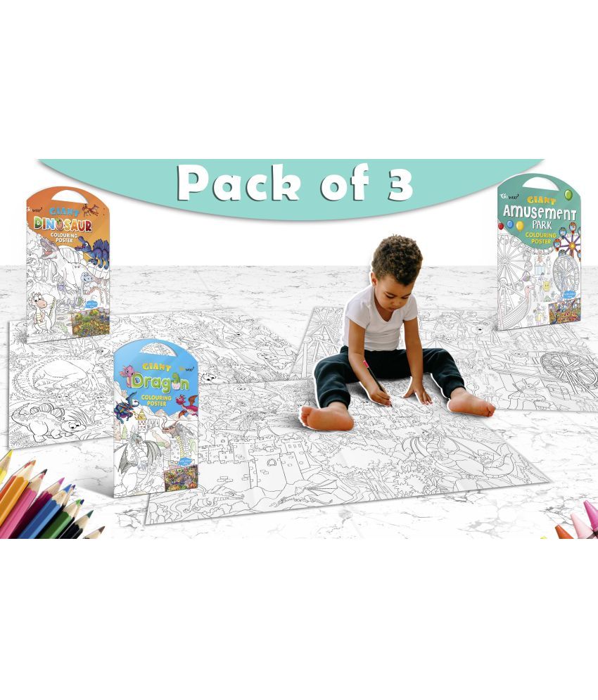     			GIANT DINOSAUR COLOURING POSTER, GIANT AMUSEMENT PARK COLOURING POSTER and GIANT DRAGON COLOURING POSTER | Combo pack of 3 Posters I Premium Quality coloring posters