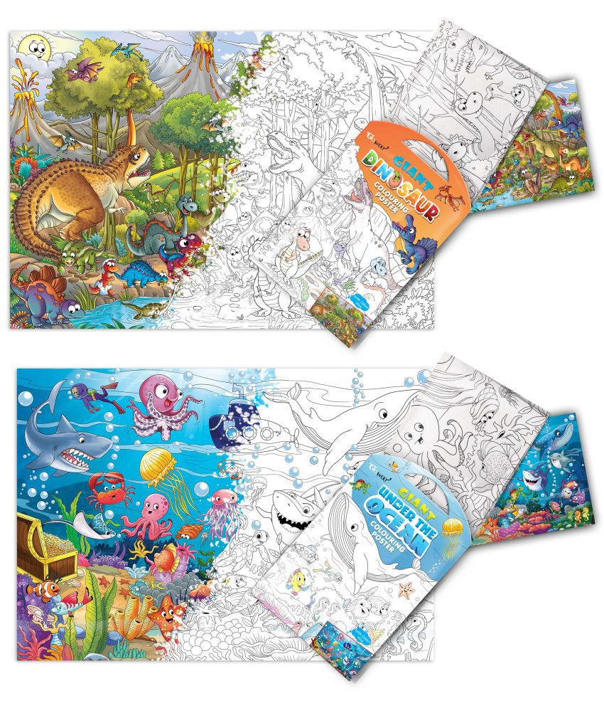     			GIANT DINOSAUR COLOURING POSTER and GIANT UNDER THE OCEAN COLOURING POSTER | Combo pack of 2 posters I Colourful Illustrated Posters
