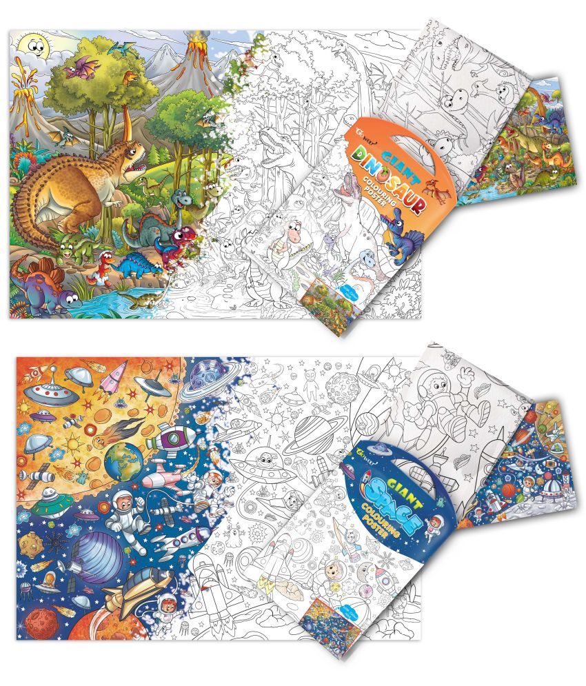     			GIANT DINOSAUR COLOURING POSTER and GIANT SPACE COLOURING POSTER | Combo pack of 2 posters I Coloring poster collection