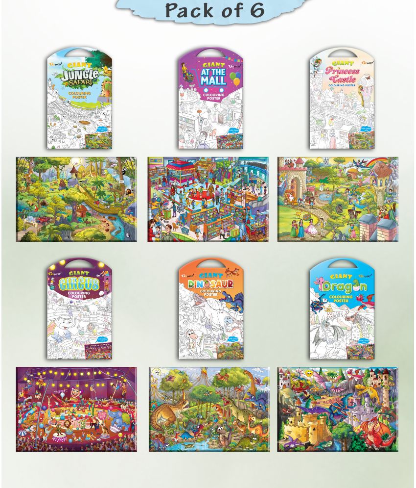     			GIANT JUNGLE SAFARI COLOURING , GIANT AT THE MALL COLOURING , GIANT PRINCESS CASTLE COLOURING , GIANT CIRCUS COLOURING , GIANT DINOSAUR COLOURING  and GIANT DRAGON COLOURING  | Gift Pack of 6 s I kids coloring starter kit