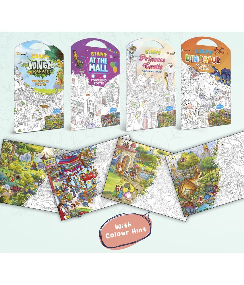     			GIANT JUNGLE SAFARI COLOURING POSTER, GIANT AT THE MALL COLOURING POSTER, GIANT PRINCESS CASTLE COLOURING POSTER and GIANT DINOSAUR COLOURING POSTER | Combo of 4 Posters I jumbo size colouring poster