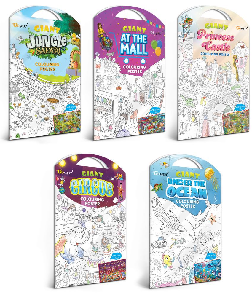     			GIANT JUNGLE SAFARI COLOURING POSTER, GIANT AT THE MALL COLOURING POSTER, GIANT PRINCESS CASTLE COLOURING POSTER, GIANT CIRCUS COLOURING POSTER and GIANT UNDER THE OCEAN COLOURING POSTER | Pack of 5 Posters I Art Therapy Coloring Combo Set for adults