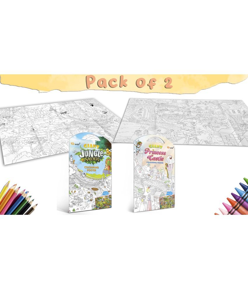     			GIANT JUNGLE SAFARI COLOURING POSTER and GIANT PRINCESS CASTLE COLOURING POSTER | Pack of 2 Posters I perfect colouring poster set for siblings