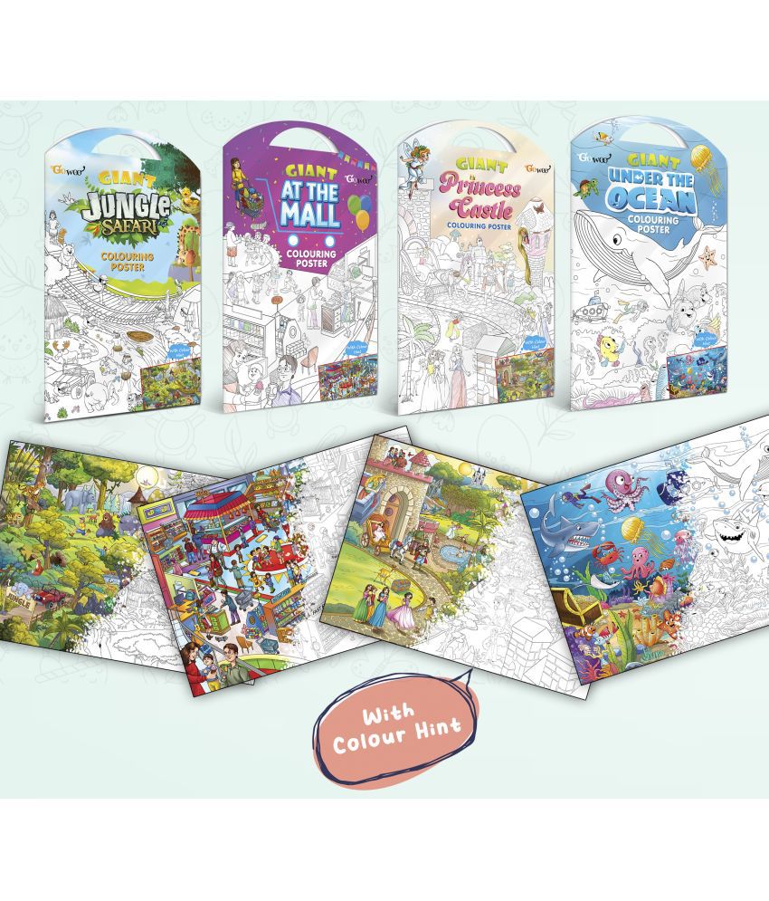     			GIANT JUNGLE SAFARI COLOURING POSTER, GIANT AT THE MALL COLOURING POSTER, GIANT PRINCESS CASTLE COLOURING POSTER and GIANT UNDER THE OCEAN COLOURING POSTER | Combo of 4 Posters I Intricate coloring posters for adults