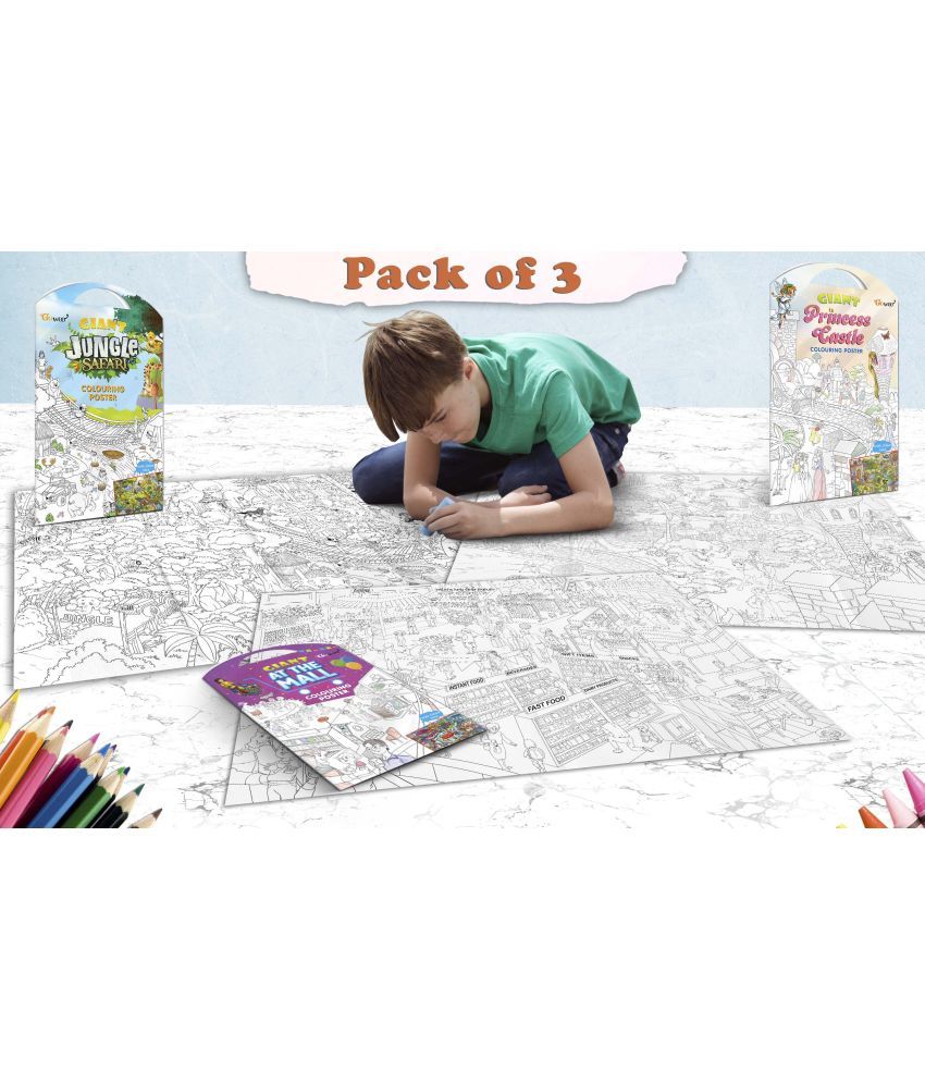     			GIANT JUNGLE SAFARI COLOURING POSTER, GIANT AT THE MALL COLOURING POSTER and GIANT PRINCESS CASTLE COLOURING POSTER | Gift Pack of 3 posters I Coloring poster holiday pack