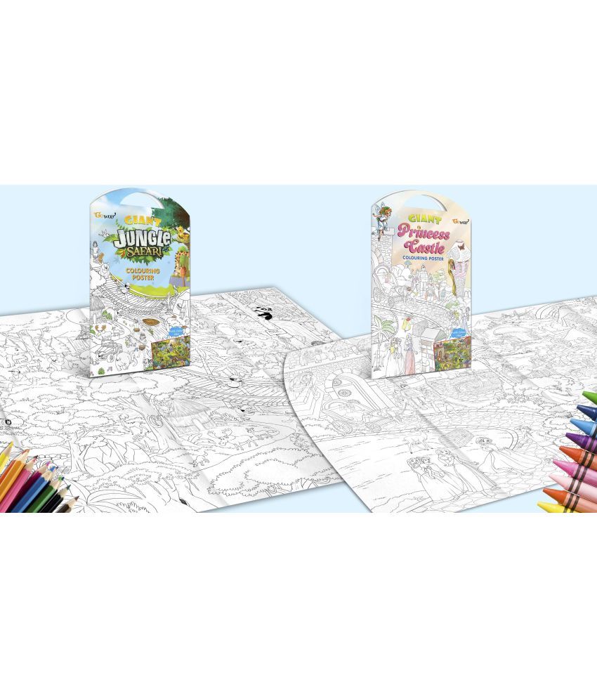     			GIANT JUNGLE SAFARI COLOURING POSTER and GIANT PRINCESS CASTLE COLOURING POSTER | Pack of 2 Posters I kids activity colouring posters