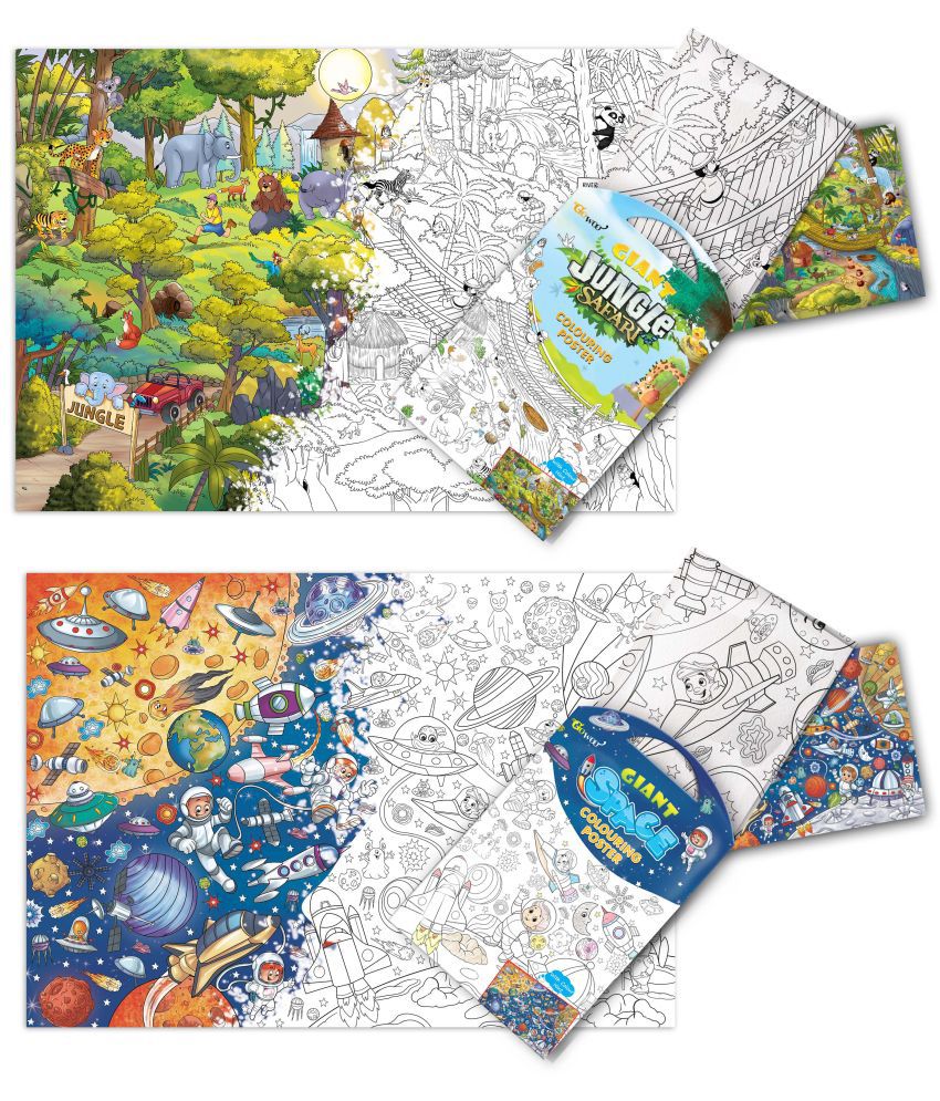     			GIANT JUNGLE SAFARI COLOURING POSTER and GIANT SPACE COLOURING POSTER | Pack of 2 Posters I perfect colouring poster set for siblings
