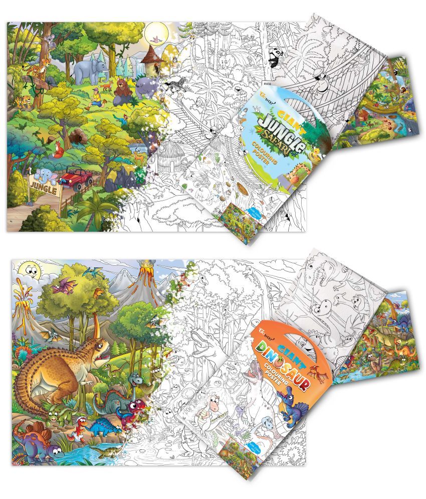     			GIANT JUNGLE SAFARI COLOURING POSTER and GIANT DINOSAUR COLOURING POSTER | Pack of 2 Posters I Giant Coloring Posters Super Set