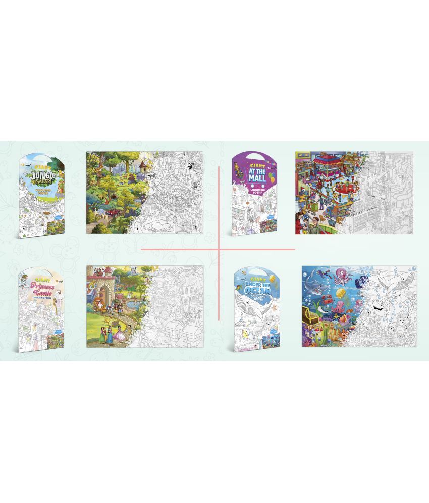     			GIANT JUNGLE SAFARI COLOURING POSTER, GIANT AT THE MALL COLOURING POSTER, GIANT PRINCESS CASTLE COLOURING POSTER and GIANT UNDER THE OCEAN COLOURING POSTER | Gift Pack of 4 Posters I  Creative coloring posters