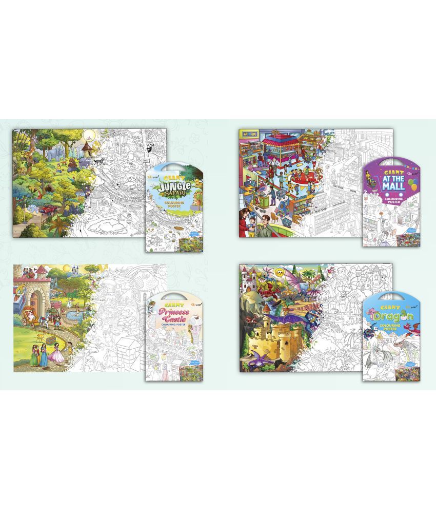     			GIANT JUNGLE SAFARI COLOURING POSTER, GIANT AT THE MALL COLOURING POSTER, GIANT PRINCESS CASTLE COLOURING POSTER and GIANT DRAGON COLOURING POSTER | Combo of 4 Posters I jumbo size colouring poster