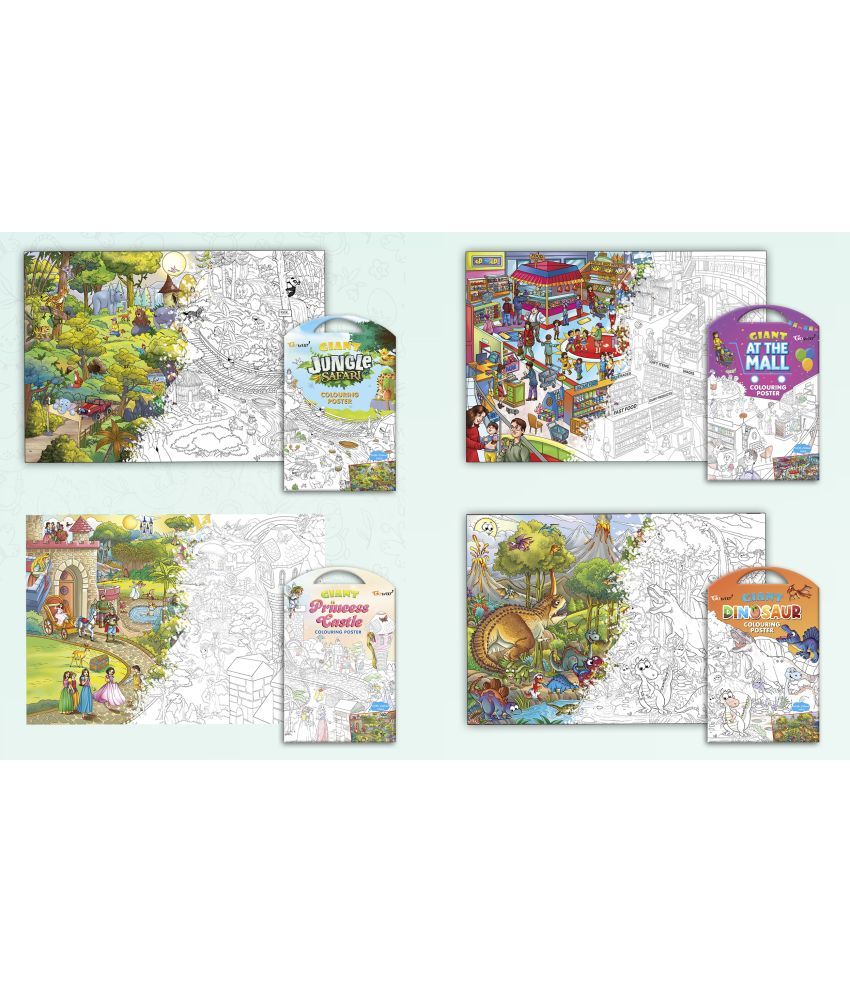     			GIANT JUNGLE SAFARI COLOURING POSTER, GIANT AT THE MALL COLOURING POSTER, GIANT PRINCESS CASTLE COLOURING POSTER and GIANT DINOSAUR COLOURING POSTER | Combo pack of 4 Posters I Creative fun posters