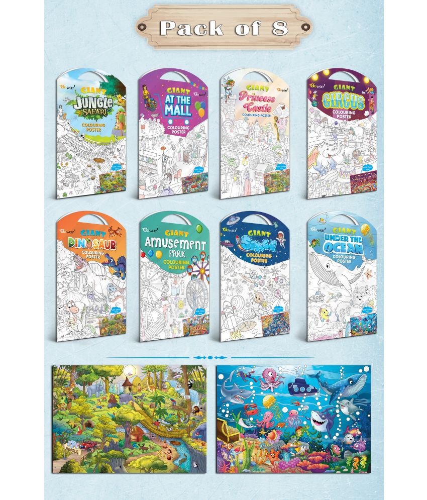     			GIANT JUNGLE SAFARI, GIANT AT THE MALL, GIANT PRINCESS CASTLE, GIANT CIRCUS, GIANT DINOSAUR, GIANT AMUSEMENT PARK, GIANT SPACE   and GIANT UNDER THE OCEAN   | Gift Pack of 8 s I Giant Coloring s Multipack