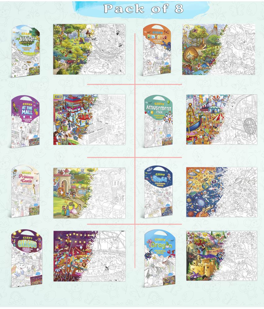     			GIANT JUNGLE SAFARI, GIANT AT THE MALL, GIANT PRINCESS CASTLE, GIANT CIRCUS, GIANT DINOSAUR, GIANT AMUSEMENT PARK, GIANT SPACE   and GIANT DRAGON   | Gift Pack of 8 s I Coloring s Jumbo size Pack