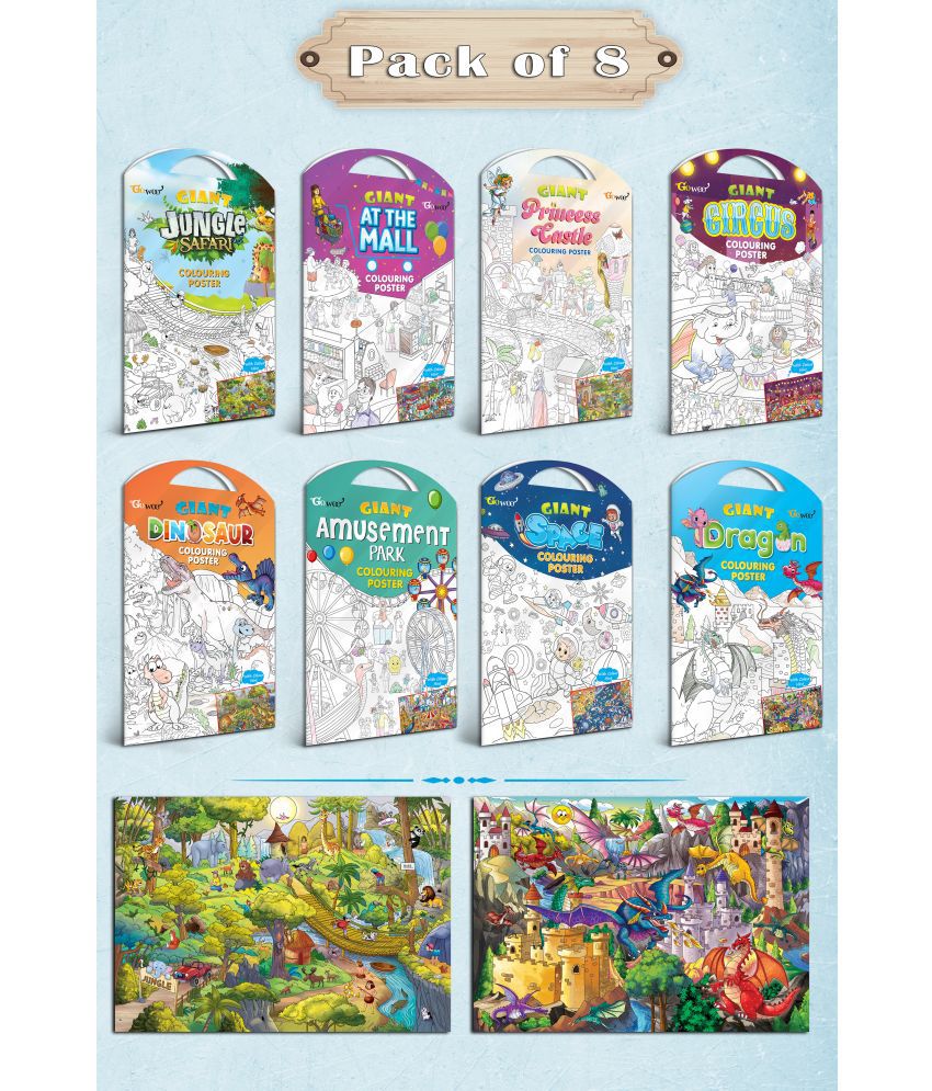     			GIANT JUNGLE SAFARI, GIANT AT THE MALL, GIANT PRINCESS CASTLE, GIANT CIRCUS, GIANT DINOSAUR, GIANT AMUSEMENT PARK, GIANT SPACE   and GIANT DRAGON   Gift Pack of 8 s I Giant Coloring s Multipack