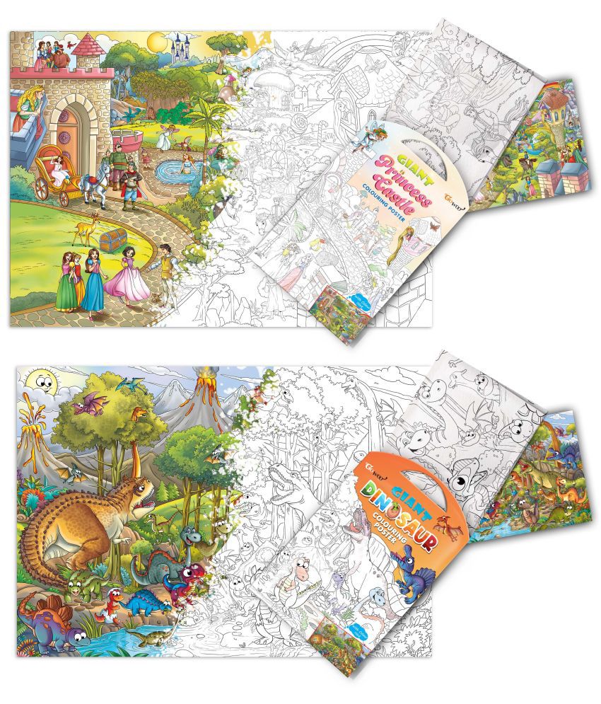     			GIANT PRINCESS CASTLE COLOURING POSTER and GIANT DINOSAUR COLOURING POSTER | Combo of 2 posters I Coloring poster variety pack