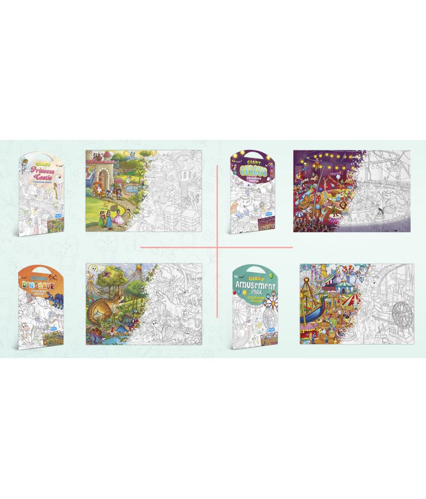     			GIANT PRINCESS CASTLE COLOURING POSTER, GIANT CIRCUS COLOURING POSTER, GIANT DINOSAUR COLOURING POSTER and GIANT AMUSEMENT PARK COLOURING POSTER | Combo of 4 Posters I Popular children coloring posters