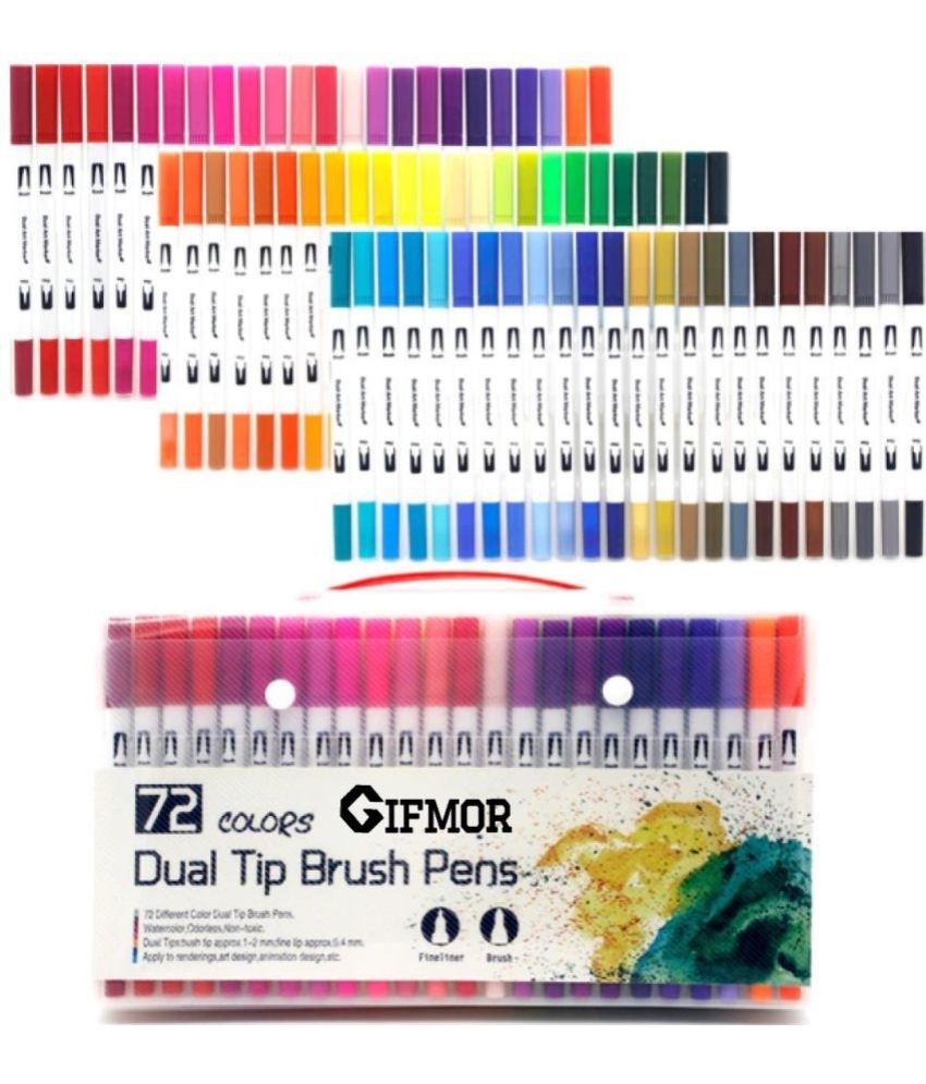     			Gifmor Dual Tip Brush Pens With Fineliners Colouring Art Drawing Markers Fineliner And Brush Nib Sketch Pens  With Washable Ink (Set Of 72, 72 Colours)
