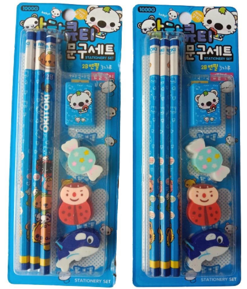     			2401 YESKART-7 Pcs BLUE Stationary Items for KIDS 3 Pencil  AND 4Eraser  Return Gift for Boys & GIRLS/  School Kit for Boys & GIRLS Stationary Set (PACK OF 2)