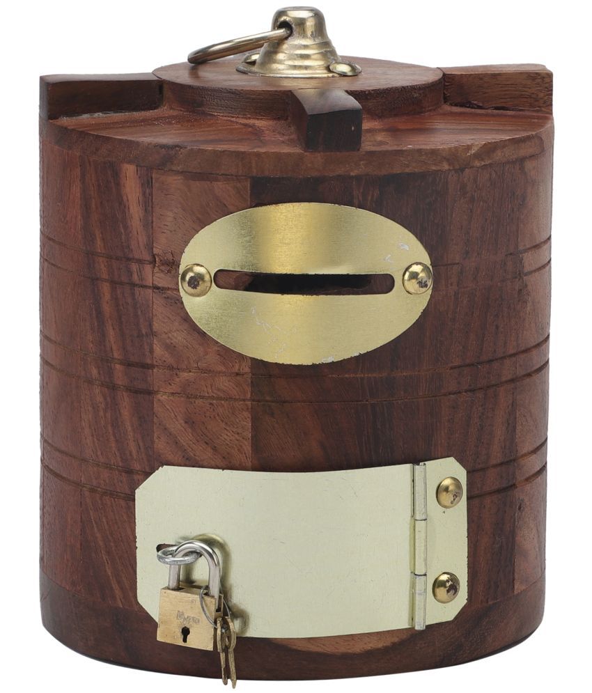     			HOMETALES - Wooden Brass Water Tank Piggy Bank Showpiece 18 cm