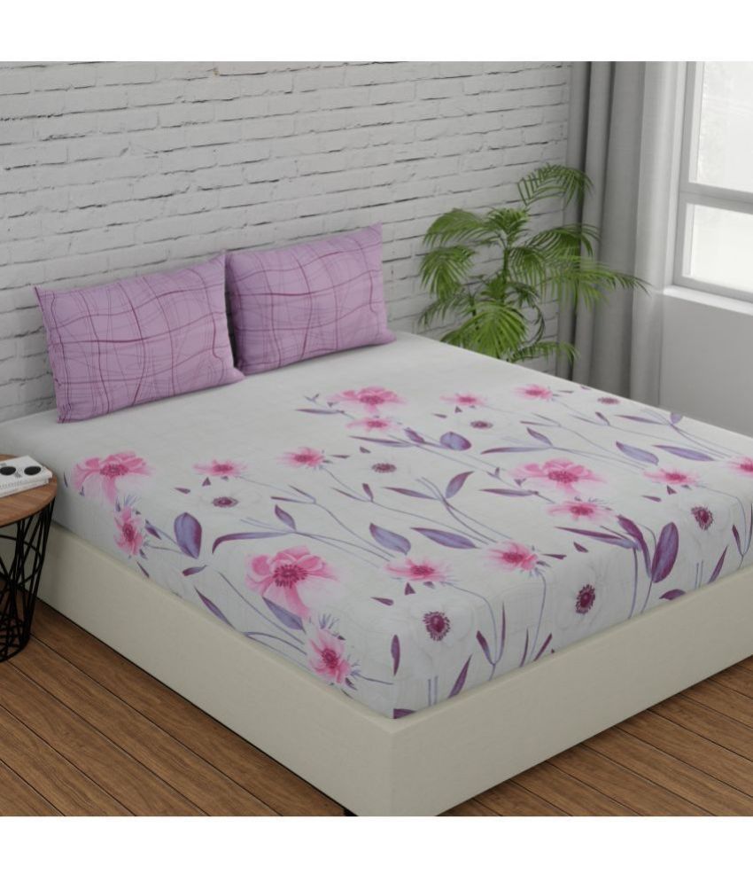     			Huesland Cotton Floral King Size Bedsheet With 2 Pillow Covers - Purple